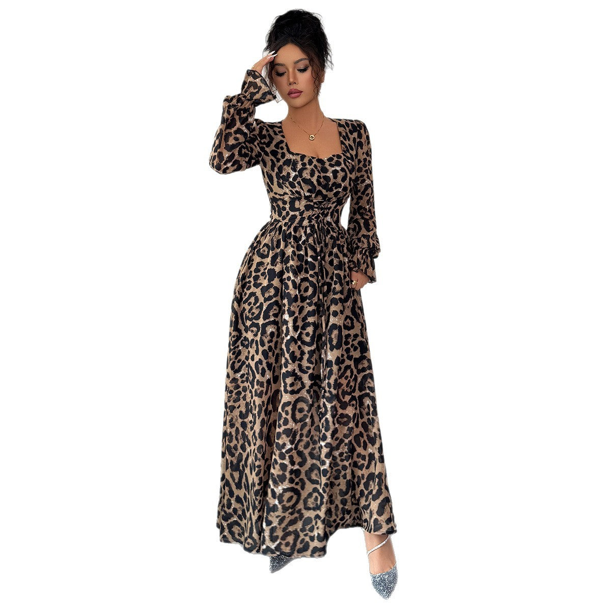 leopard print long sleeve maxi dress for women with accessories