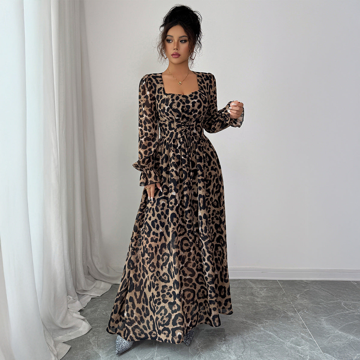 leopard print long sleeve maxi dress for women with accessories