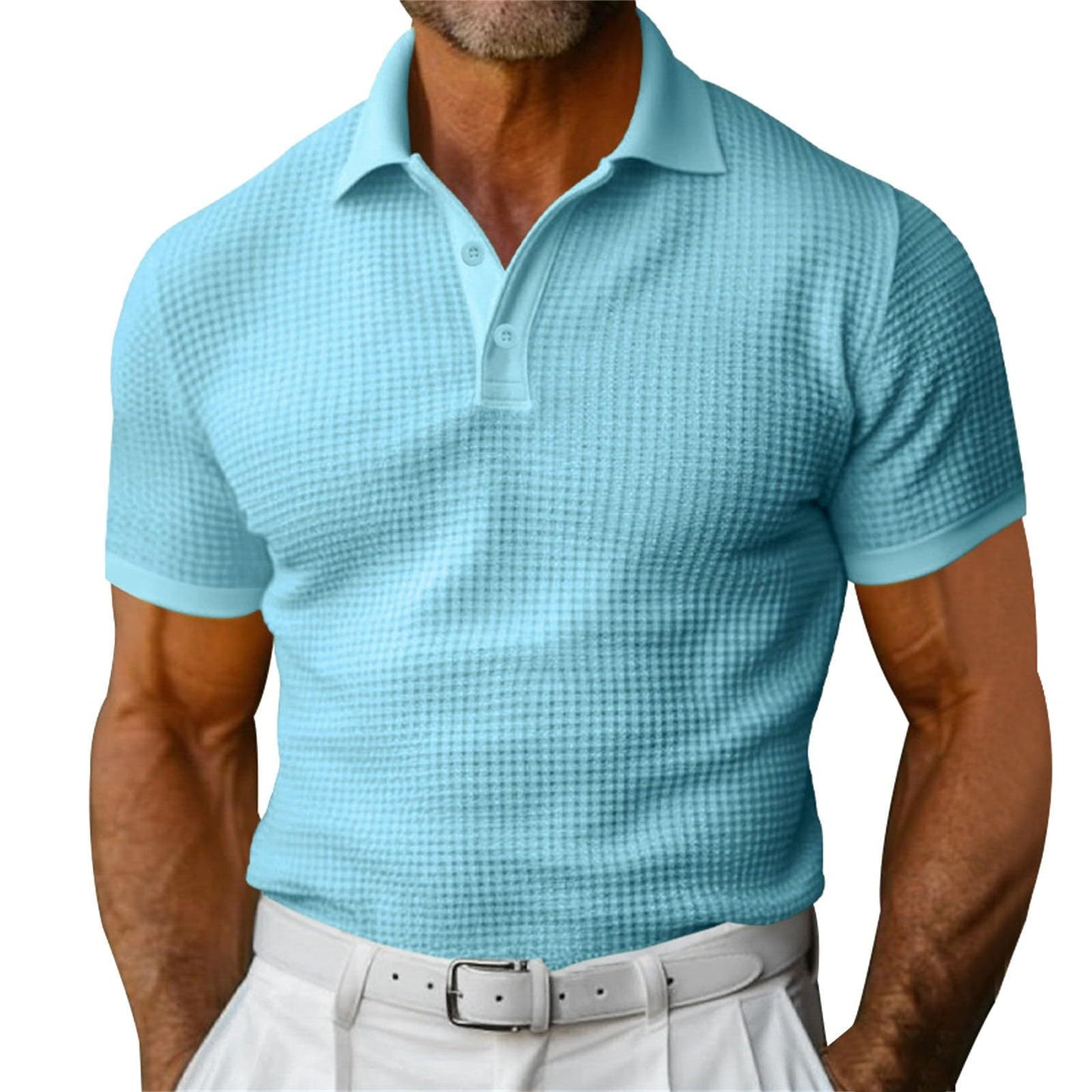 Mens waffle short sleeve polo shirt front view