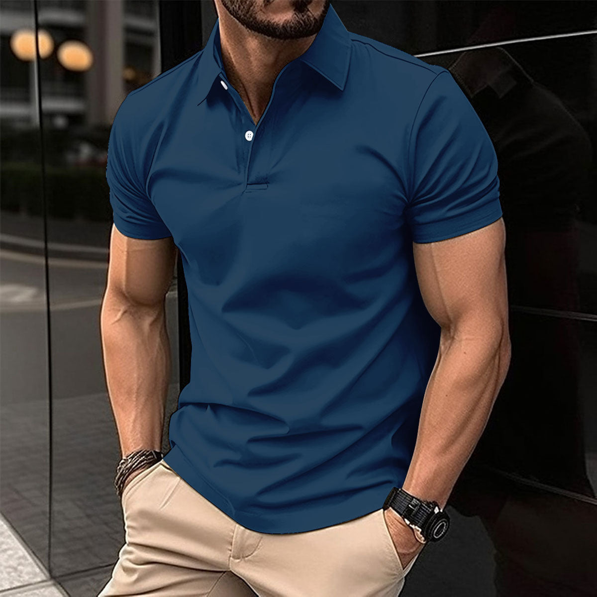 Men Summer Solid Color Polo Shirt in navy blue worn by a man, showcasing comfort and style for warm weather.