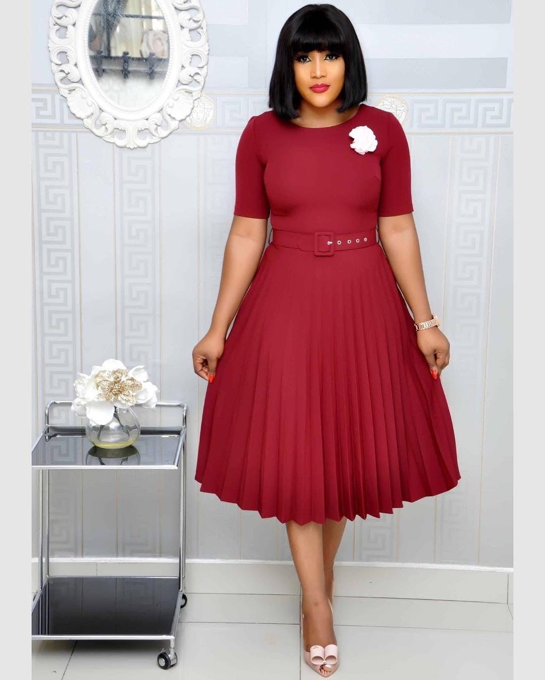 plus size pleated mothers dress Red color round neck