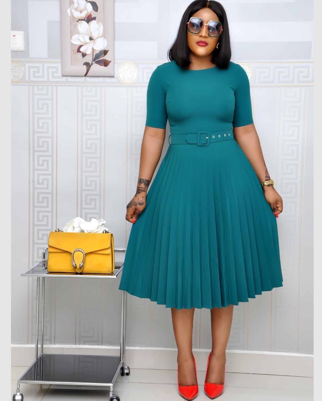 plus size pleated mothers dress blue color round neck