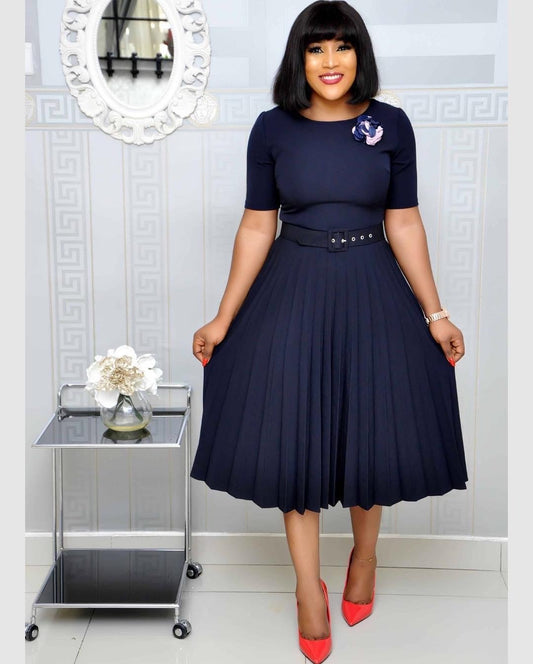plus size pleated mothers dress black color round neck