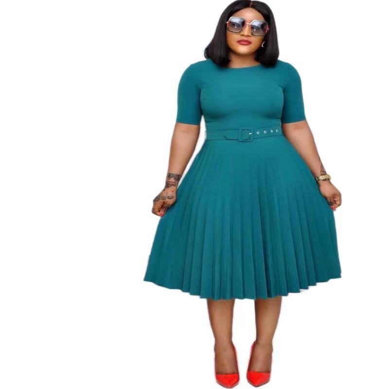 plus size pleated mothers dress blue color round neck