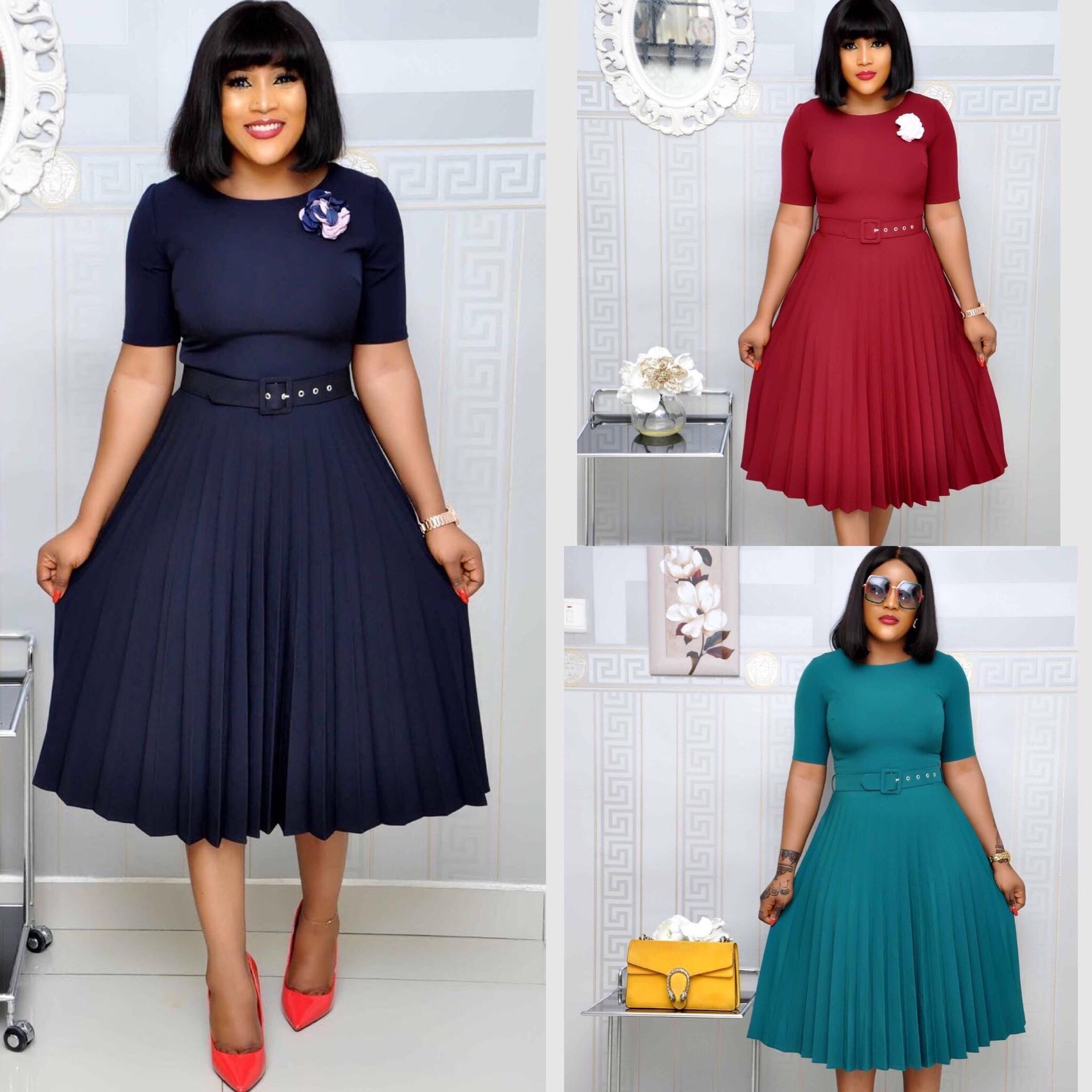 plus size pleated mothers dress black, red and blue color round neck