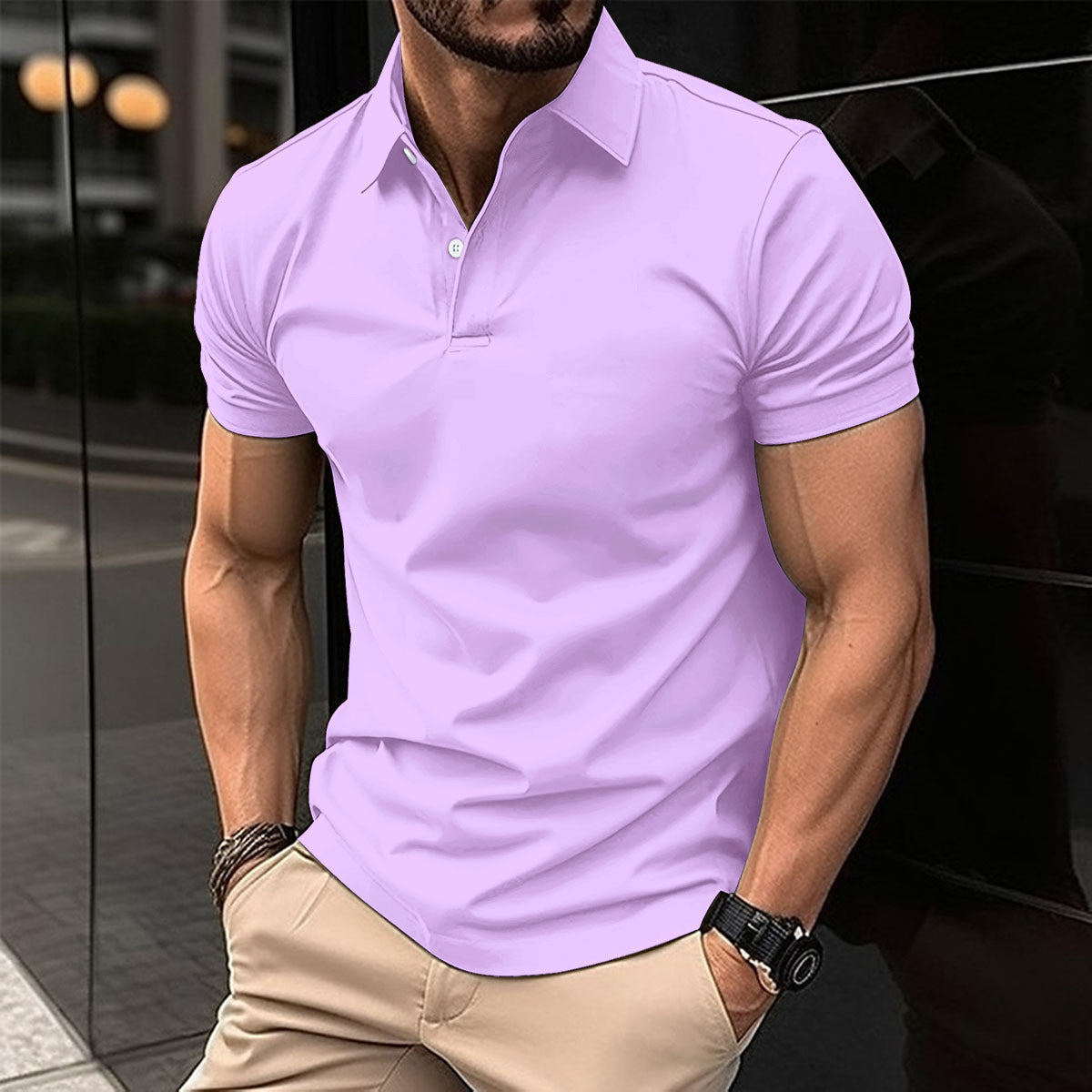 Men Summer Solid Color Polo Shirt in purple worn by a man, showcasing comfort and style for warm weather.