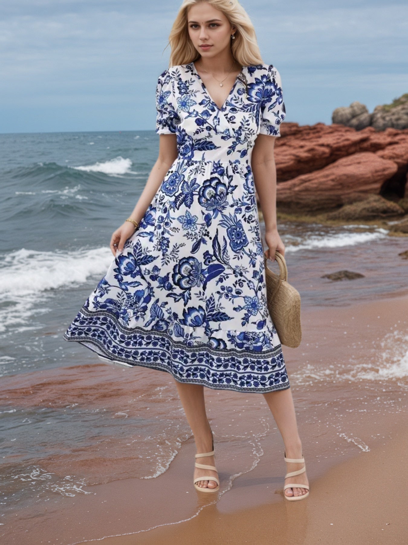 Womens Floral V-Neck Dress worn by a model on sandy beach, showcasing vibrant floral print and beachy style.