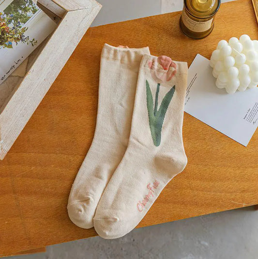 Retro Tulip Floral Cotton Socks soft and cozy, breathable, detail