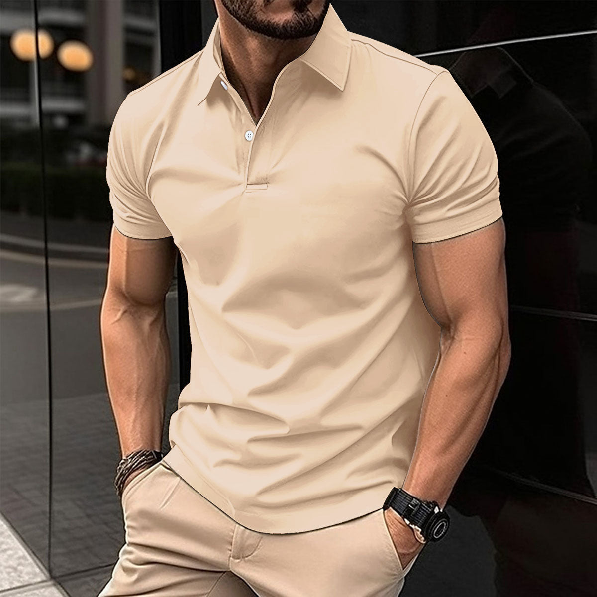 Men Summer Solid Color Polo Shirt in pink worn by a man, showcasing comfort and style for warm weather.