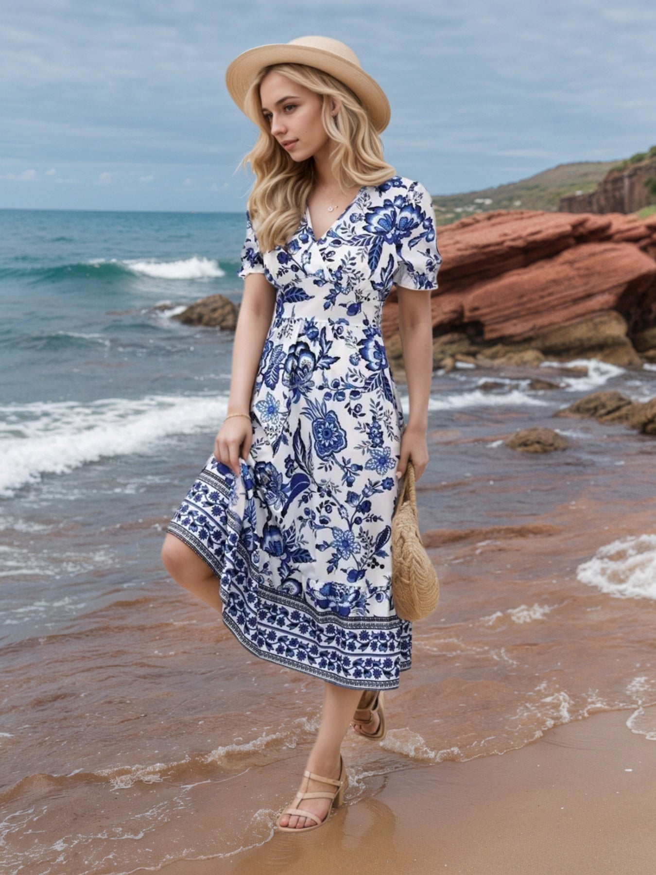Womens Floral V-Neck Dress worn by a model on sandy beach, showcasing vibrant floral print and beachy style.