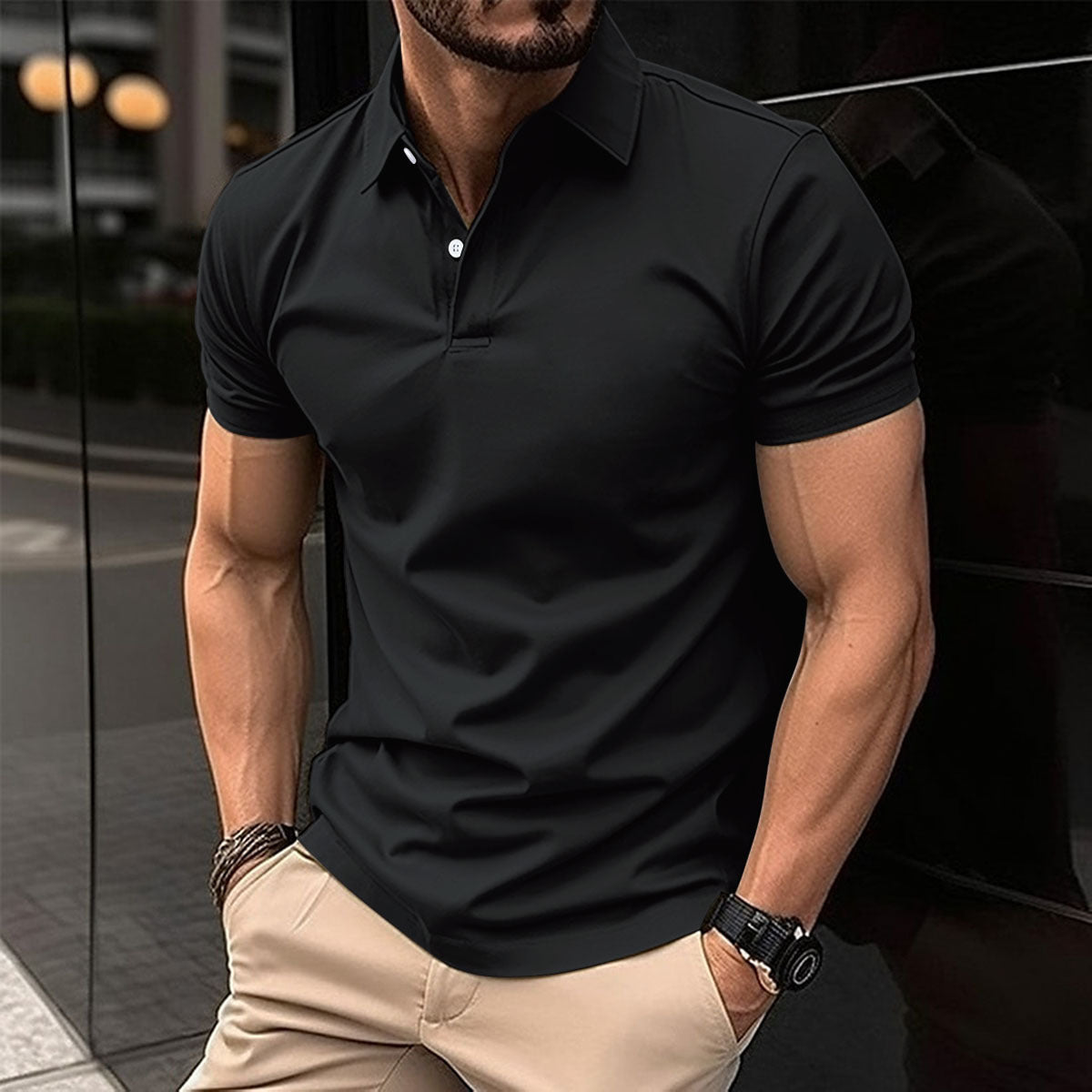 Men Summer Solid Color Polo Shirt in navy blue worn by a man, showcasing comfort and style for warm weather.