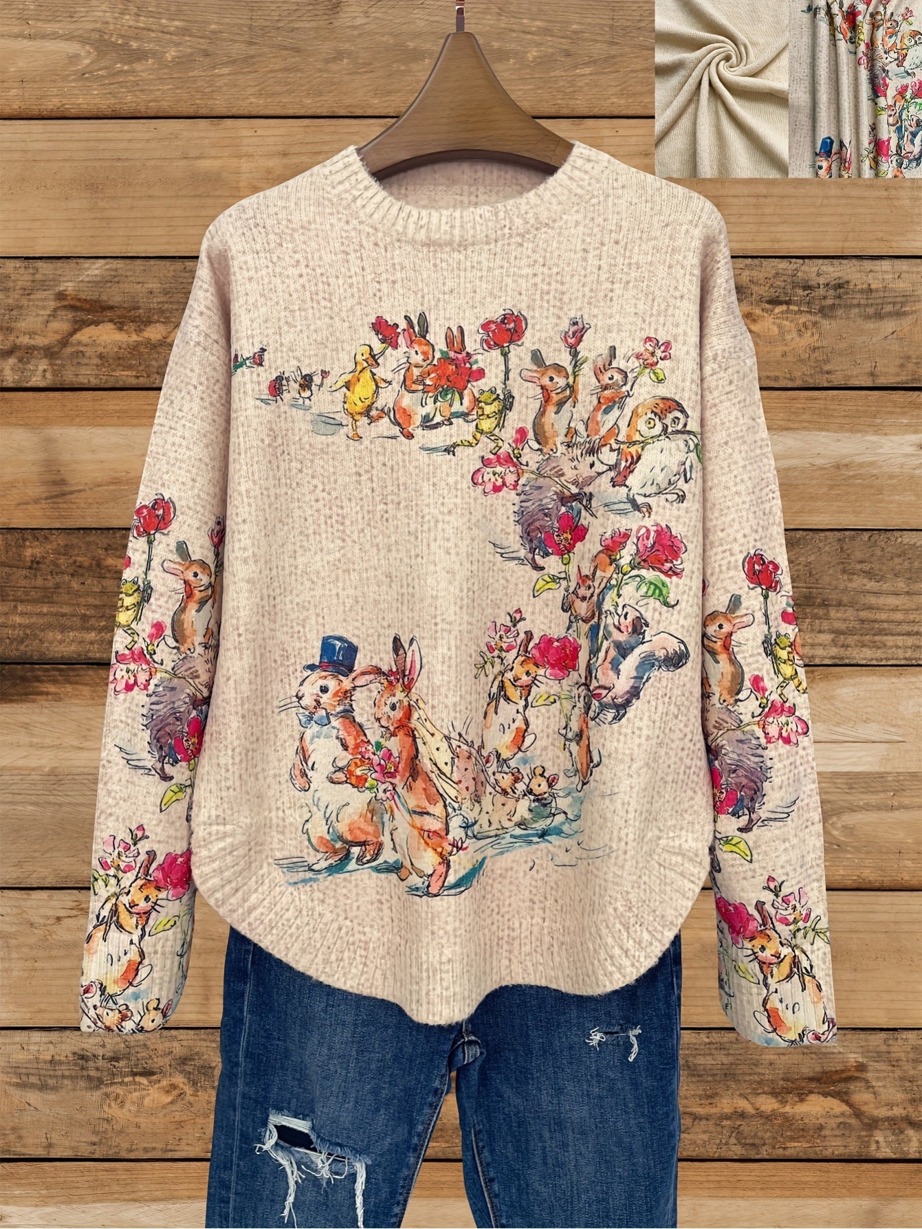 color printed transparent sweater styled with jeans and accessories