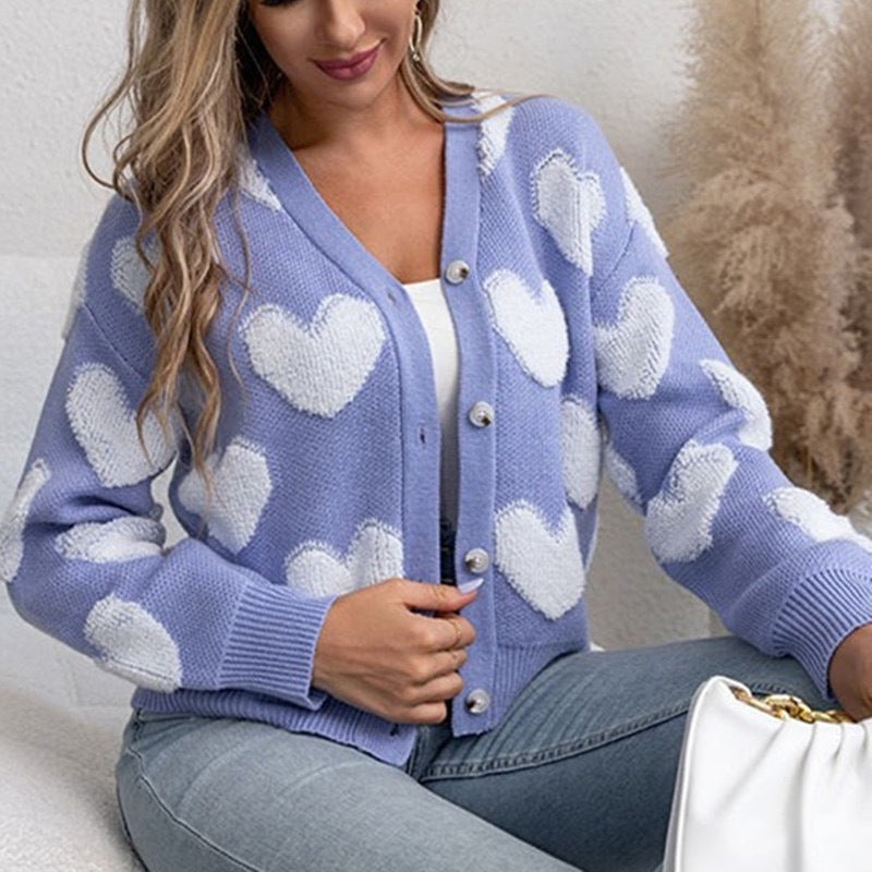 New Women's Knitted Cardigan Single-breasted Flocking Love Sweater