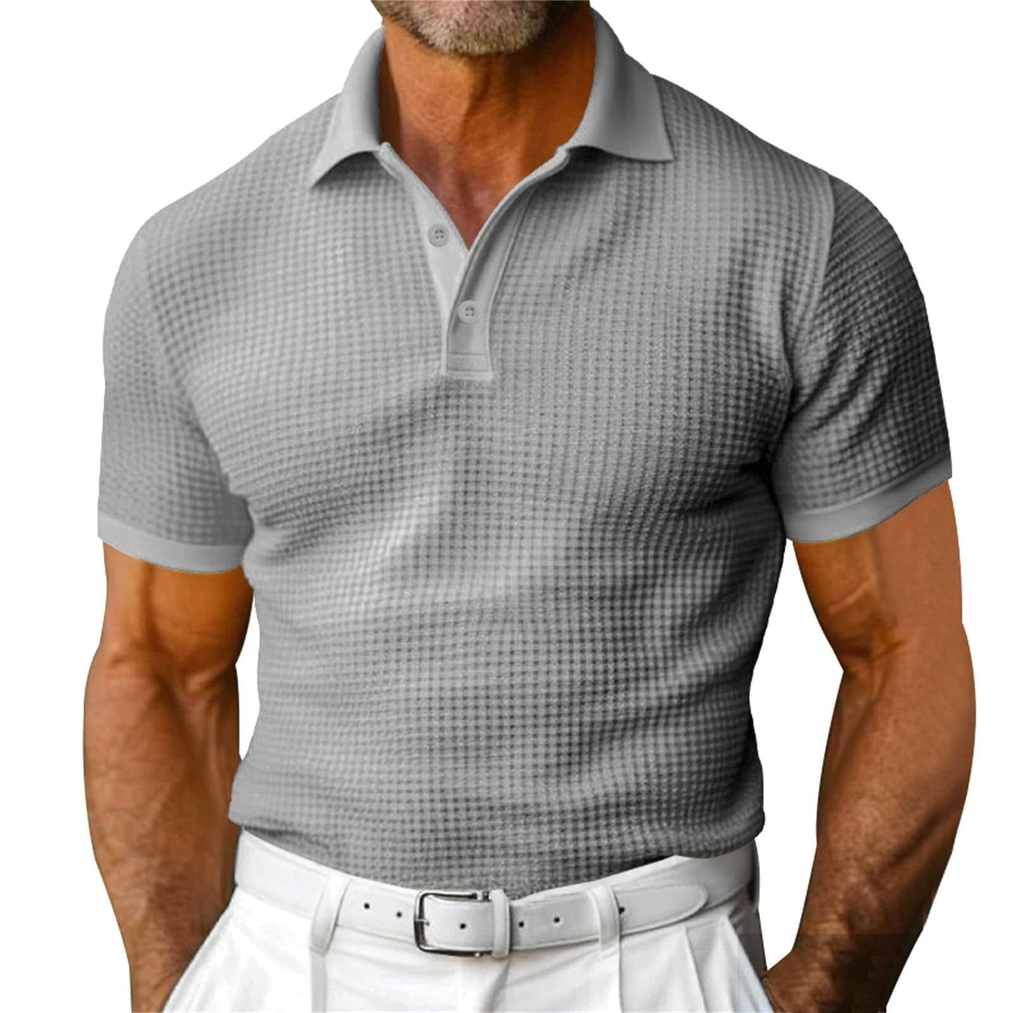 Mens waffle short sleeve polo shirt close-up fabric texture