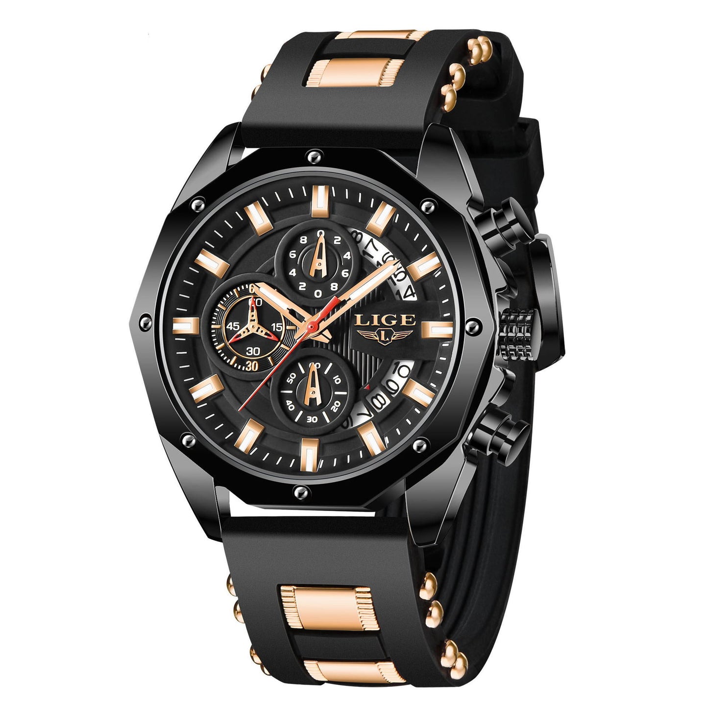 Top Luxurious Quartz Men Silicone watch side angle showing watch face