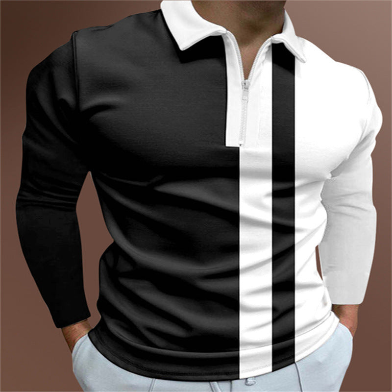 Mens Striped Lapel Polo Shirt – Casual Short Sleeve Summer Top with modern stripes in black and White.
