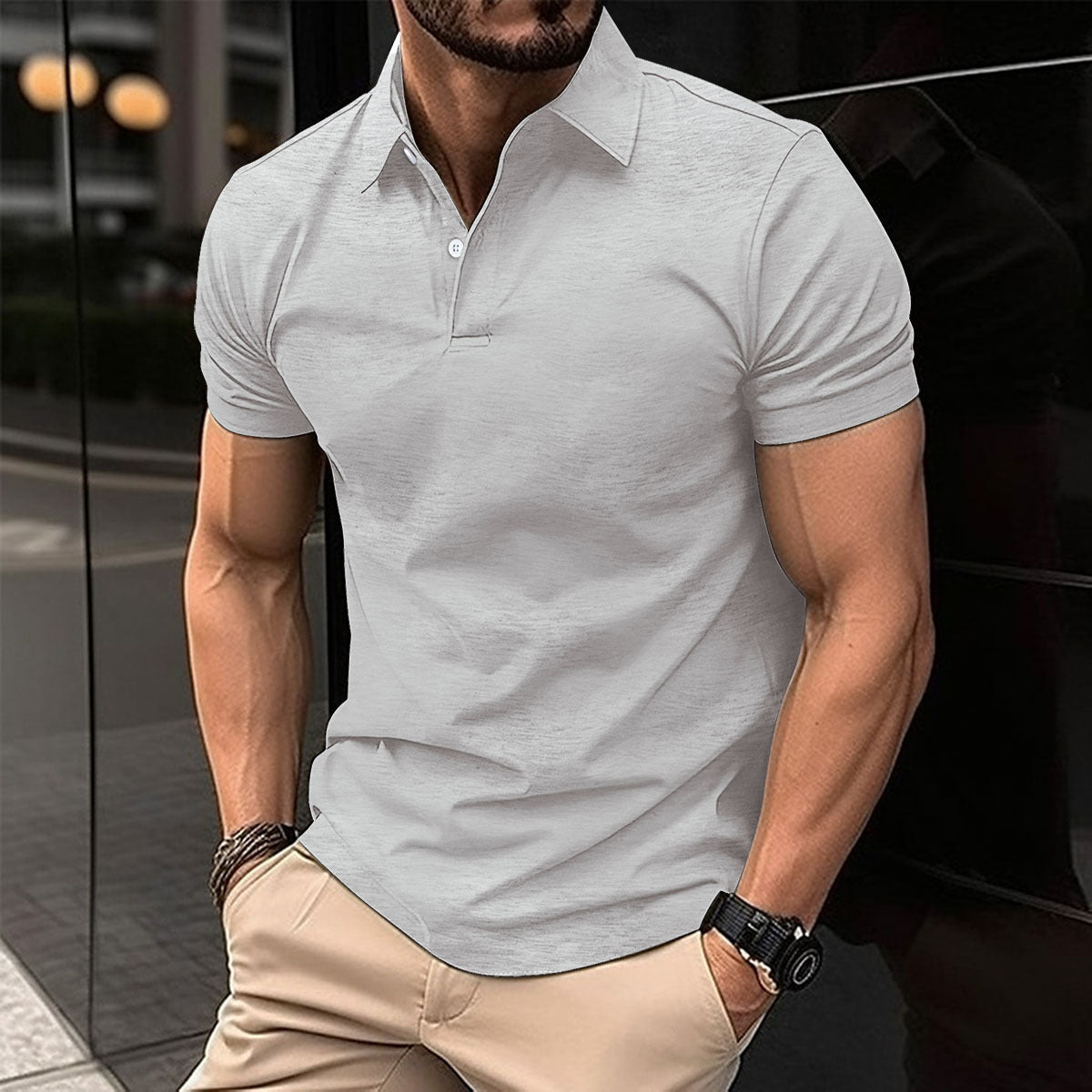 Men Summer Solid Color Polo Shirt in navy blue worn by a man, showcasing comfort and style for warm weather.