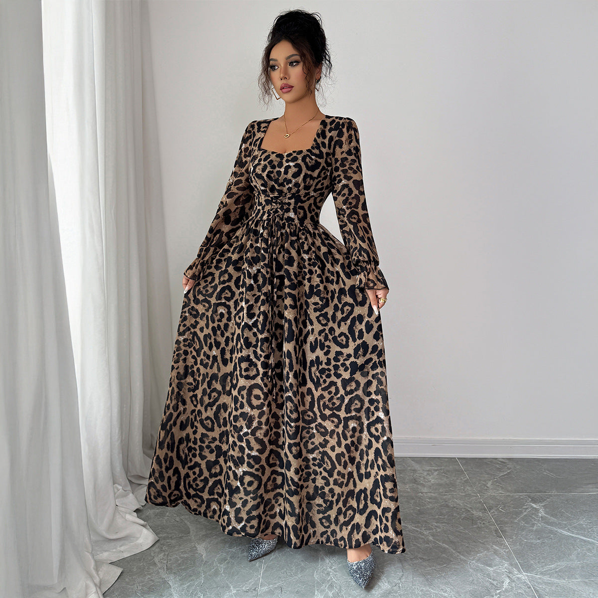 leopard print long sleeve maxi dress for women side profile