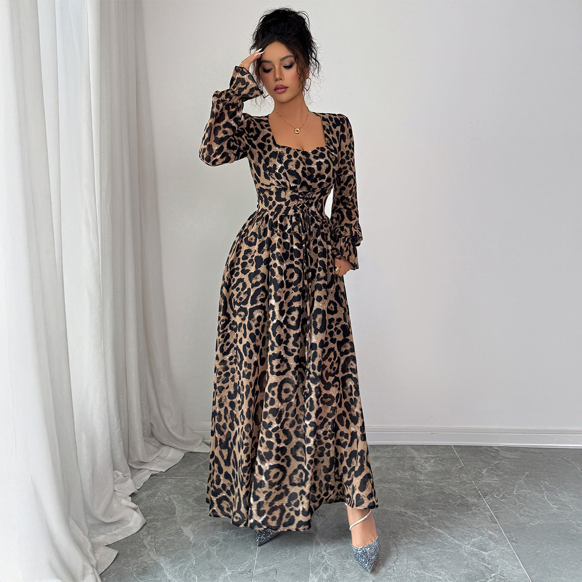 leopard print long sleeve maxi dress for women side profile