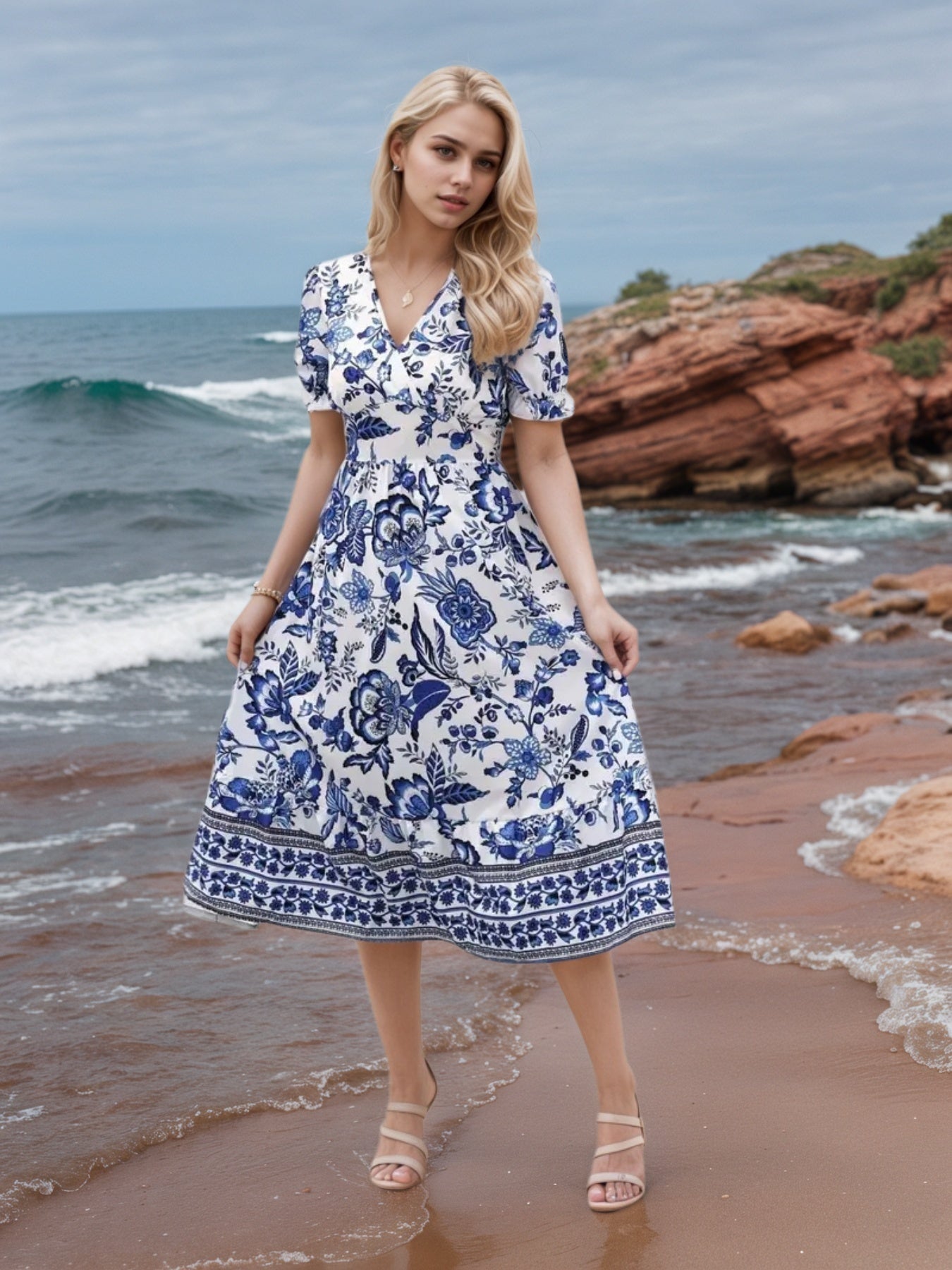 Womens Floral V-Neck Dress worn by a model on sandy beach, showcasing vibrant floral print and beachy style.