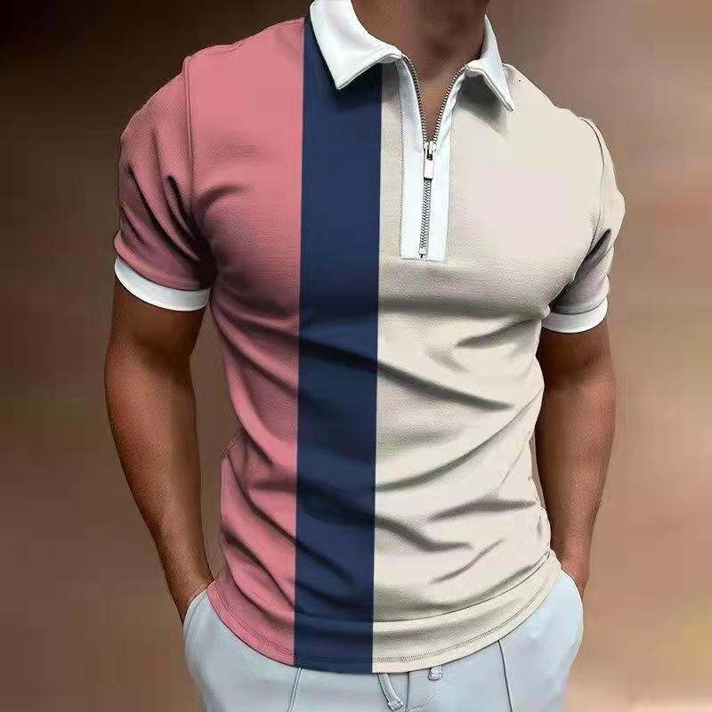 Mens Striped Lapel Polo Shirt – Casual Short Sleeve Summer Top with modern stripes in Pink, Navy blue and Cream