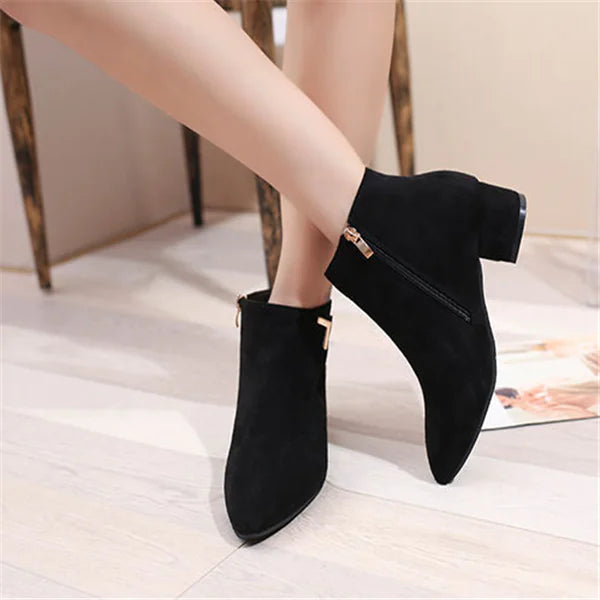 Pointed Toe Chunky Heel Ankle Boots with Side Zipper