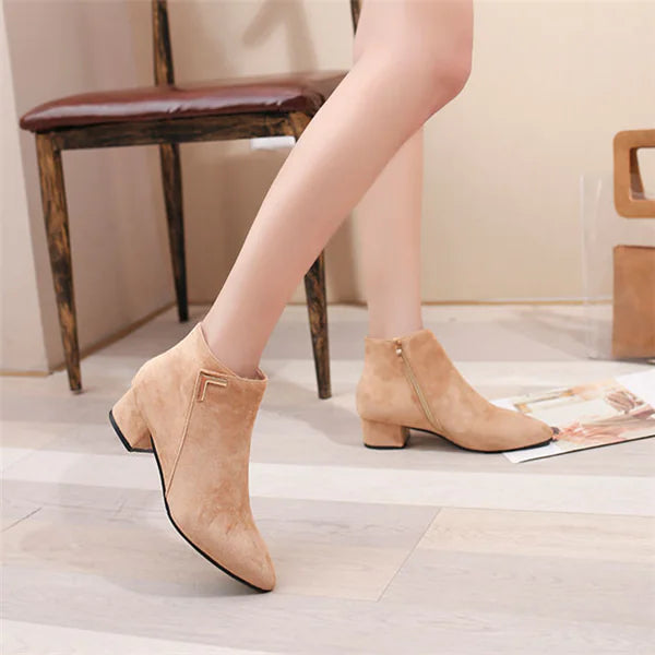 Pointed Toe Chunky Heel Ankle Boots with Side Zipper