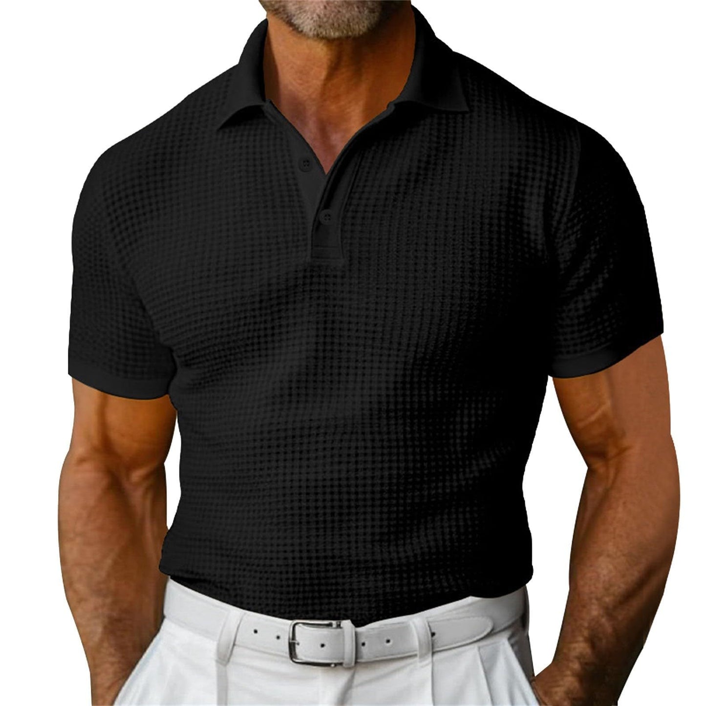 Mens waffle short sleeve polo shirt front view