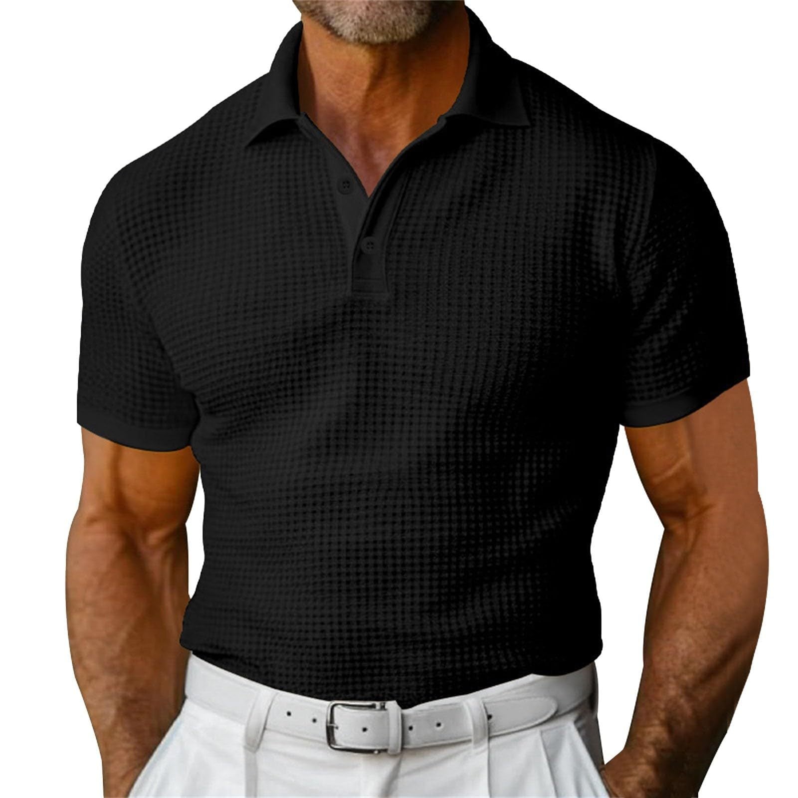 Mens waffle short sleeve polo shirt front view