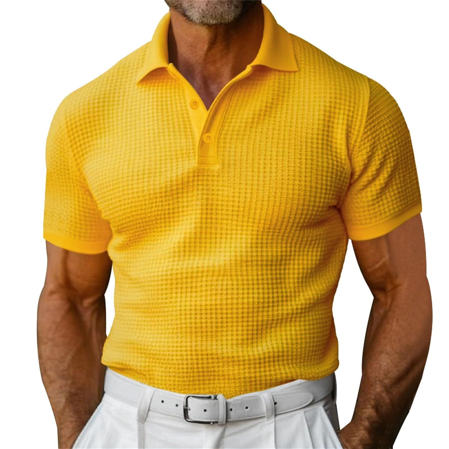 Mens waffle short sleeve polo shirt folded display