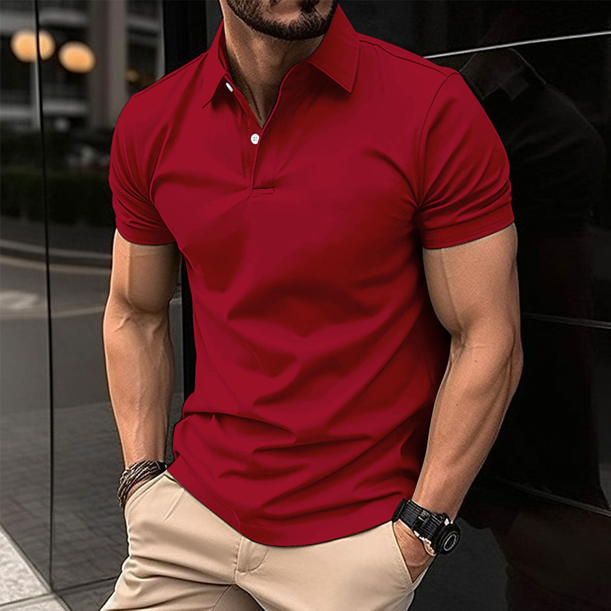 Men Summer Solid Color Polo Shirt in red worn by a man, showcasing comfort and style for warm weather.