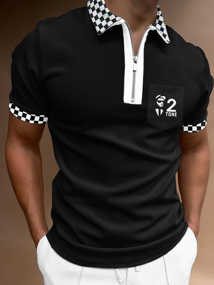 Mens Striped Lapel Polo Shirt – Casual Short Sleeve Summer Top with modern in black..