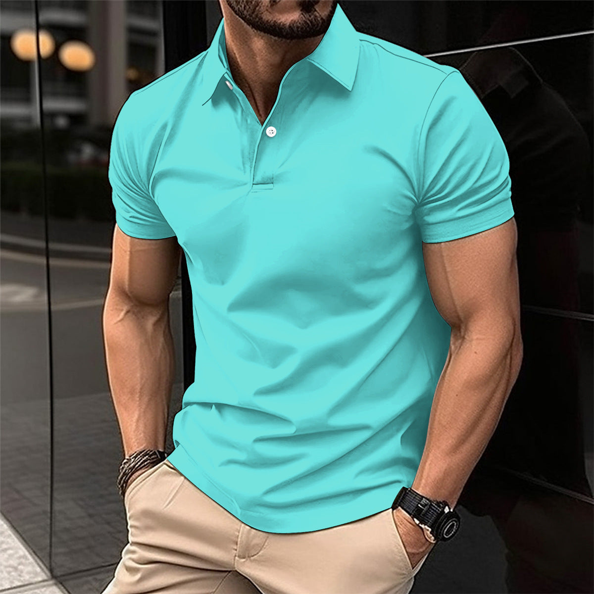 Men Summer Solid Color Polo Shirt in blue worn by a man, showcasing comfort and style for warm weather.