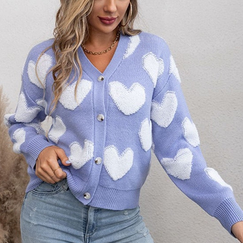 New Women's Knitted Cardigan Single-breasted Flocking Love Sweater