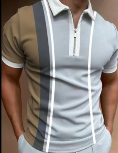 Mens Striped Lapel Polo Shirt – Casual Short Sleeve Summer Top with modern stripes in brown and pitch.