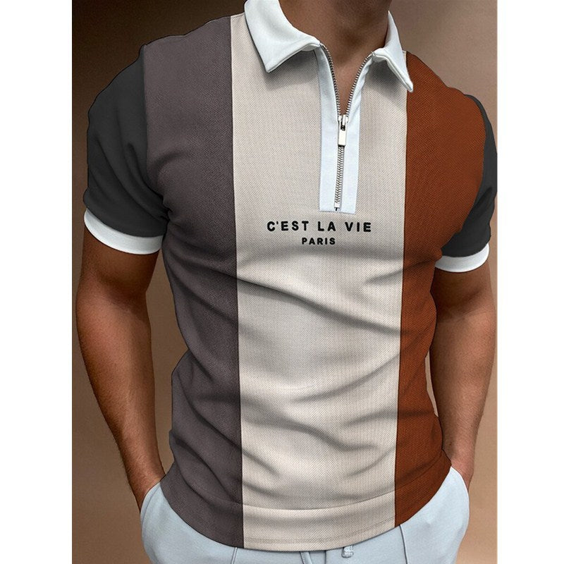 Mens Striped Lapel Polo Shirt – Casual Short Sleeve Summer Top with modern stripes in pitch, cream and brown.