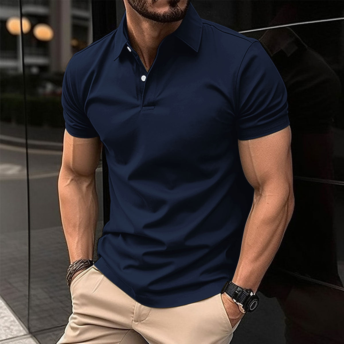 Men Summer Solid Color Polo Shirt in navy blue worn by a man, showcasing comfort and style for warm weather.