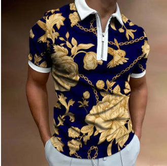 Mens Striped Lapel Polo Shirt – Casual Short Sleeve Summer Top with modern stripes in Gold and navy blue.