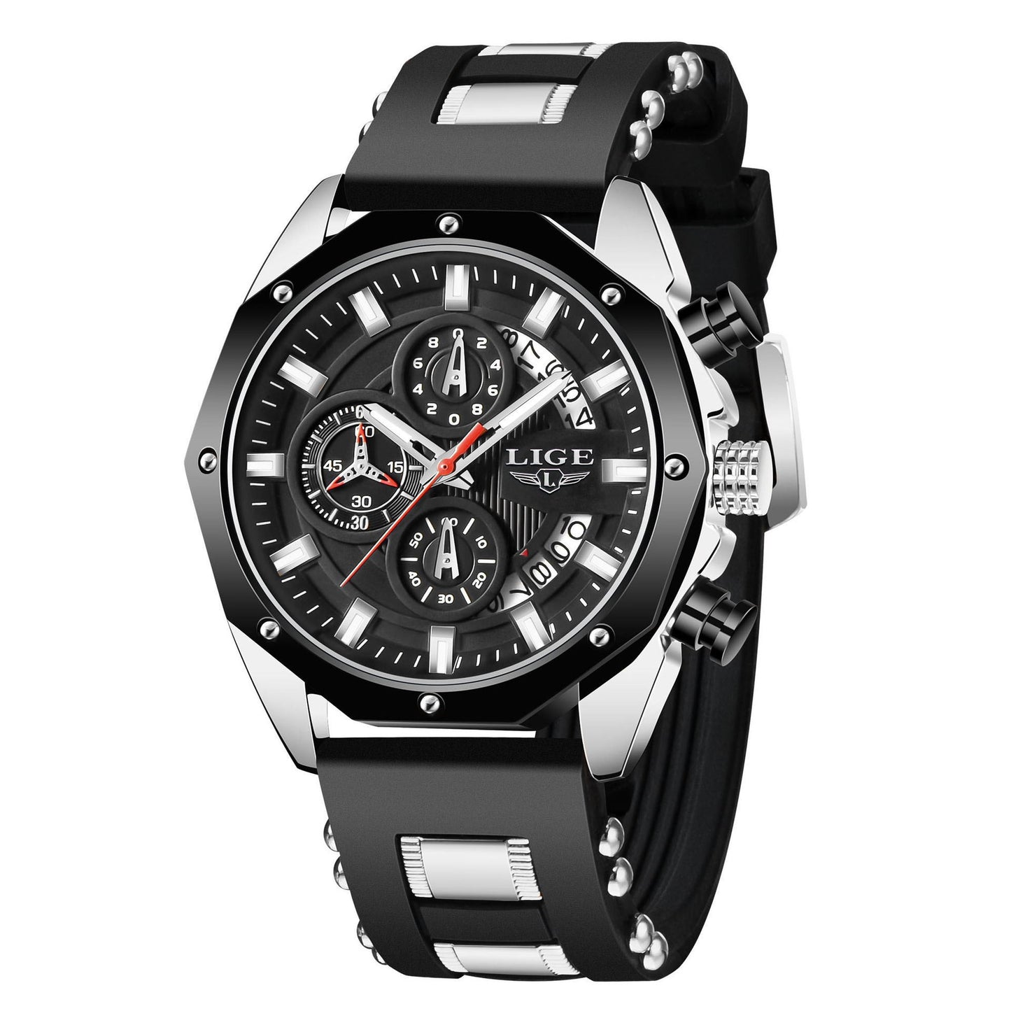 Top Luxurious Quartz Men Silicone watch front view with silicone strap