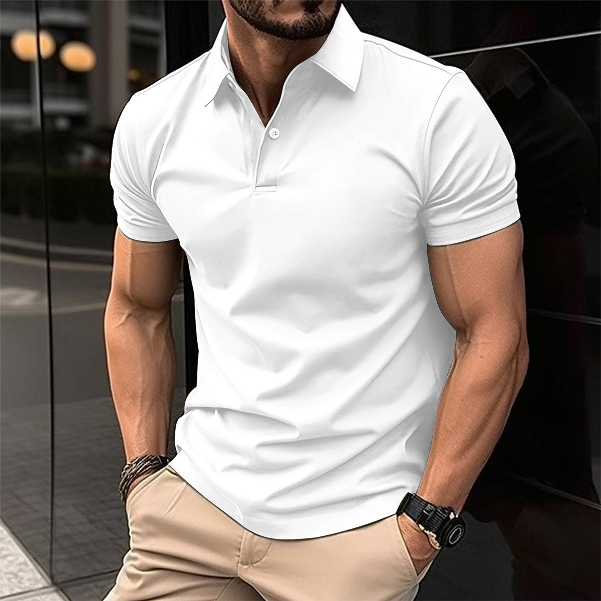Men Summer Solid Color Polo Shirt in navy blue worn by a man, showcasing comfort and style for warm weather.