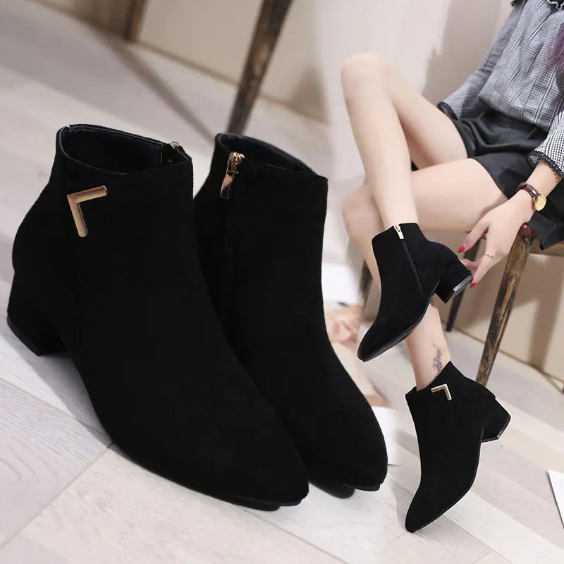 Pointed Toe Chunky Heel Ankle Boots with Side Zipper