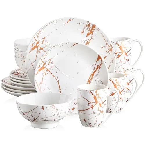 LOVECASA White Dinnerware Sets for 4 16 Piece Porcelain Dish Set Plates and Bowls Sets Gold Splash Glaze Ceramic Dinner Set with Mugs Dishwasher Microwave Safe
