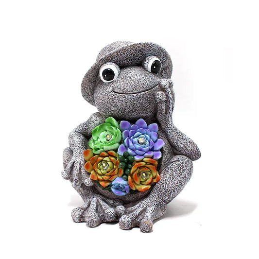 Frog Garden Statue with Solar LED Lights front view showing detailed design