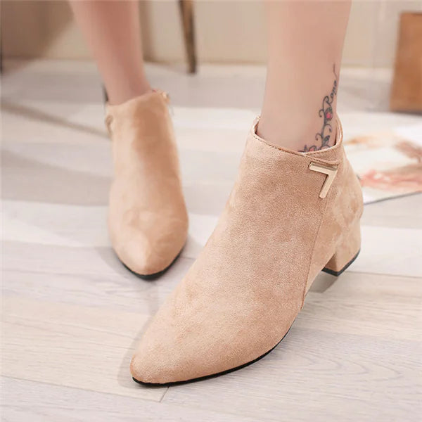 Pointed Toe Chunky Heel Ankle Boots with Side Zipper