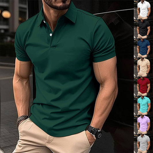 Men Summer Solid Color Polo Shirt in green worn by a man, showcasing comfort and style for warm weather.