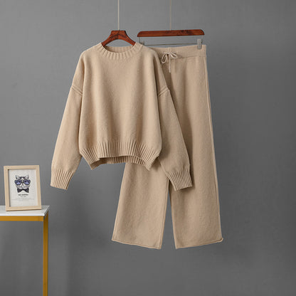 Women's Retro Thickening Minimalist Pullover Sweater Wide Leg Pants Two-piece Set