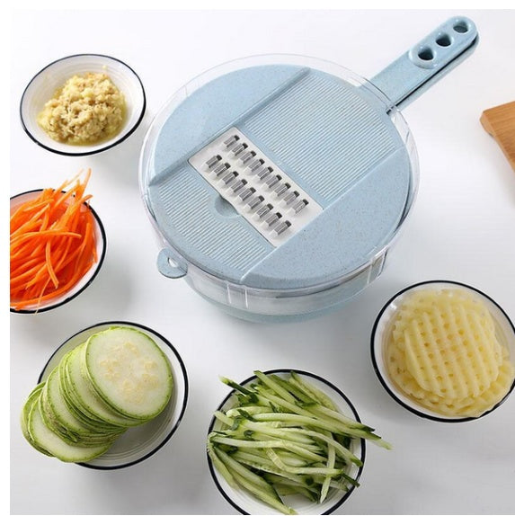 8 in 1 vegetable slicer front view with all attachments