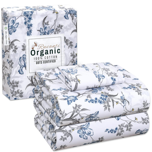 RUVANTI 100% Organic Cotton Sheets - Twin Sheets Set - Certified for GOTS - Breathable & Comfortable - Soft & Cooling Percale Bed Sheets - Deep Pocket 15" - 3 Pcs - Deluxe