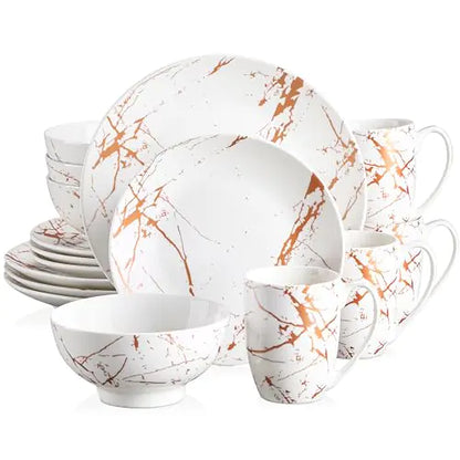 LOVECASA White Dinnerware Sets for 4 16 Piece Porcelain Dish Set Plates and Bowls Sets Gold Splash Glaze Ceramic Dinner Set with Mugs Dishwasher Microwave Safe
