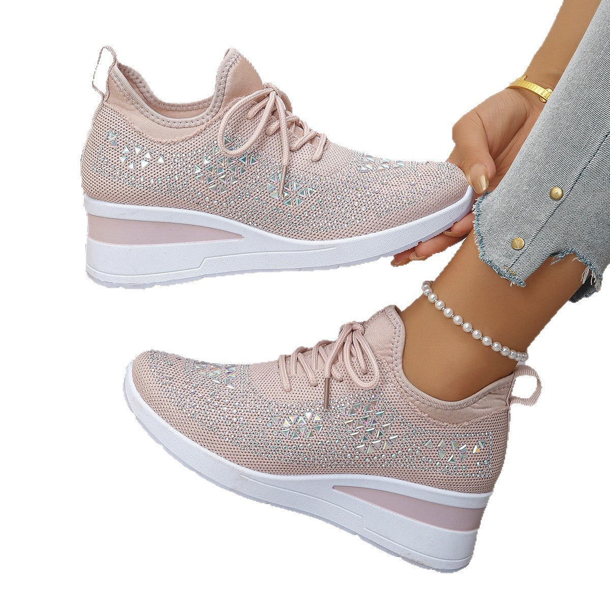 Womens rhinestone sneakers front view showcasing sparkle details